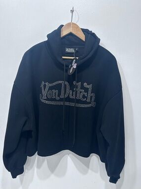 Von Dutch Black Rhinestone Logo Cropped Hoodie Cotton Blend Size L Y2K Style
